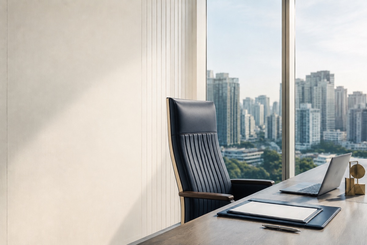 Sala do escritório com notebook e vista da cidade