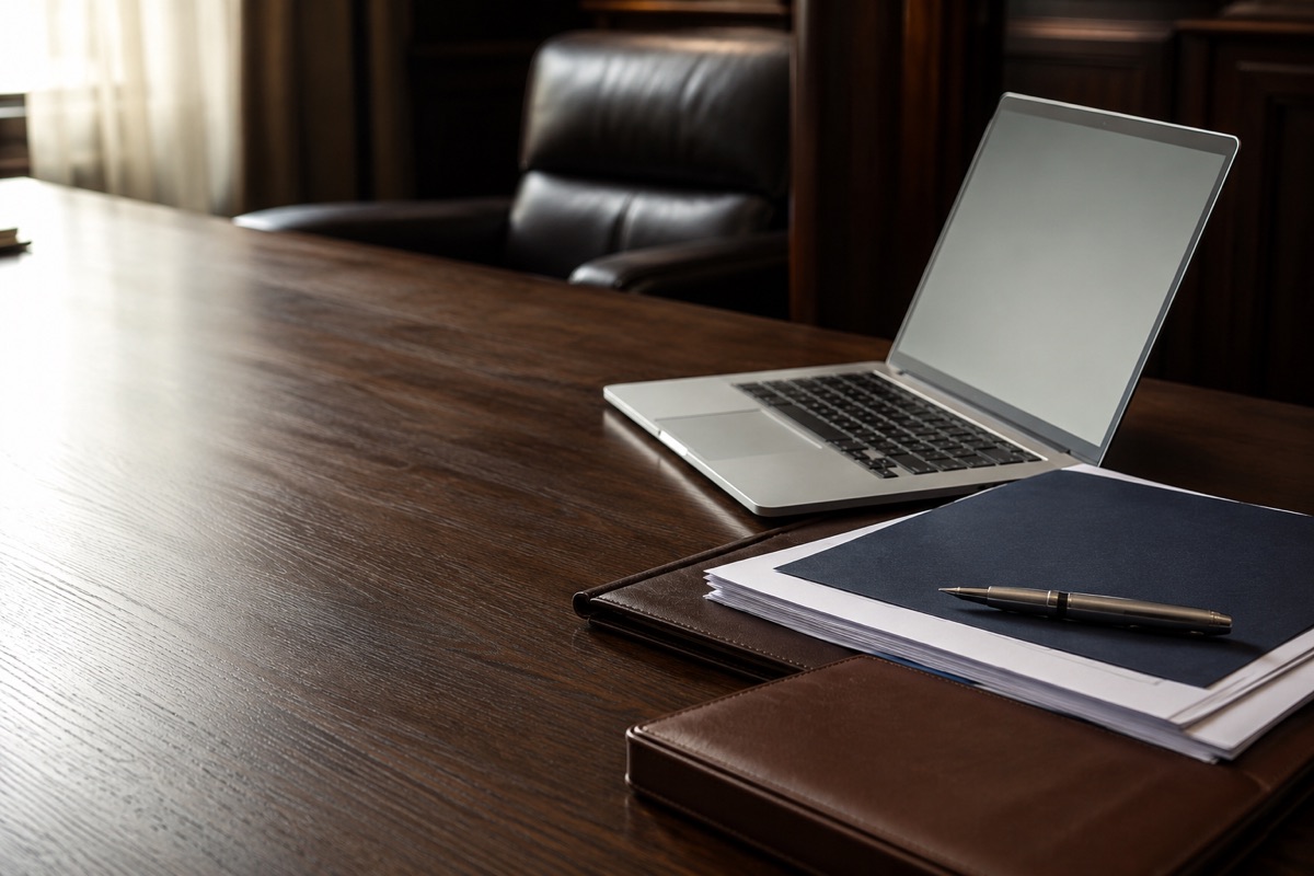 Notebook e pastas sobre a mesa do escritório